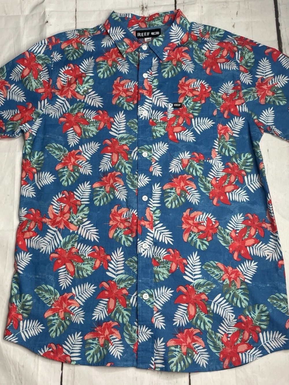 REEF Blue Button-Down Shirt with Red Tropical Floral Print